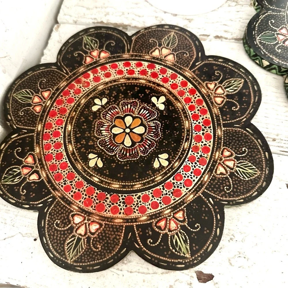 Pier 1 Hand Painted Wooden Trivet Pot Holders Mandala Dot Bohemian Flower Tray